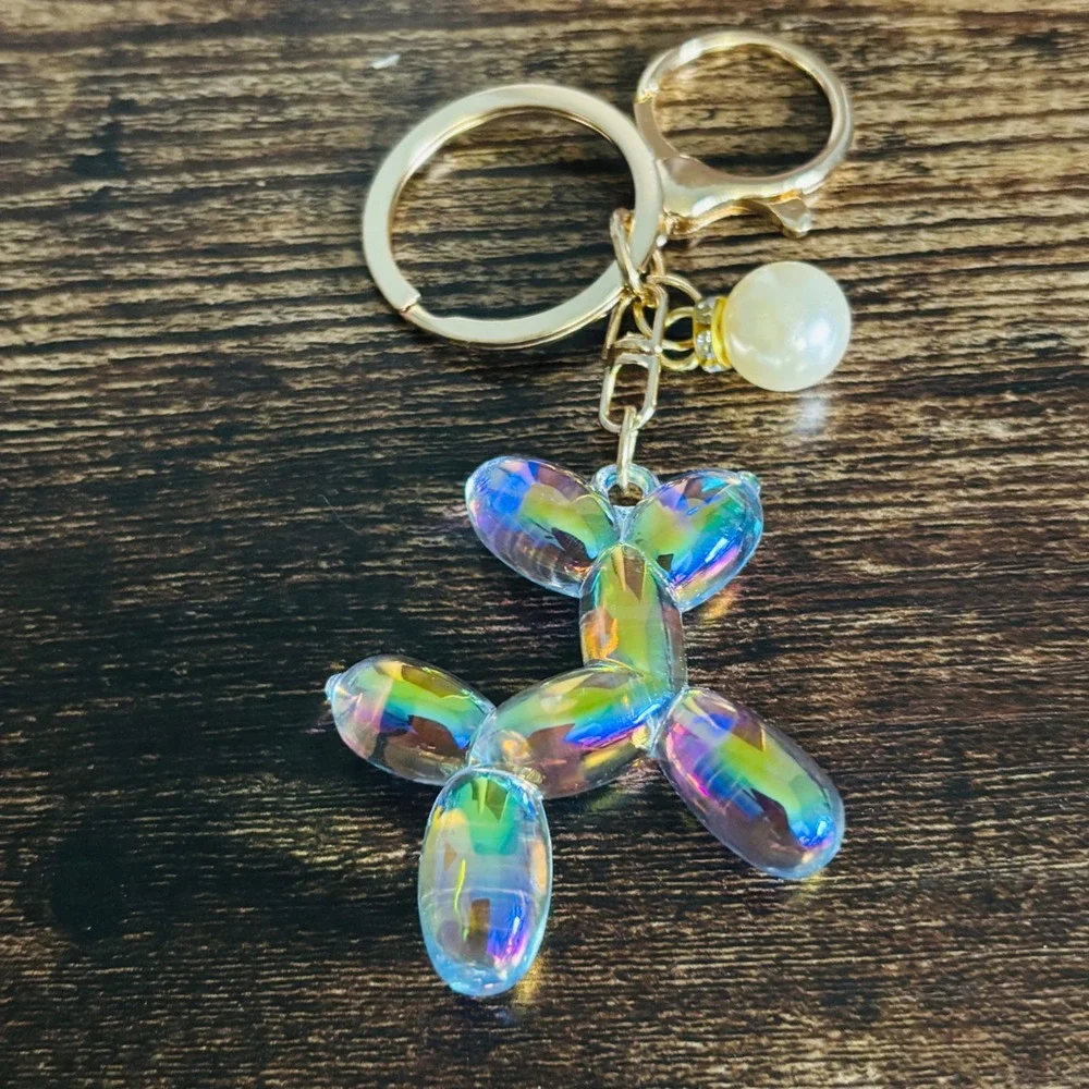 Iridescent Balloon Dog Keychain Gold Tone Bag Charm with Pearl Accent Pop Art